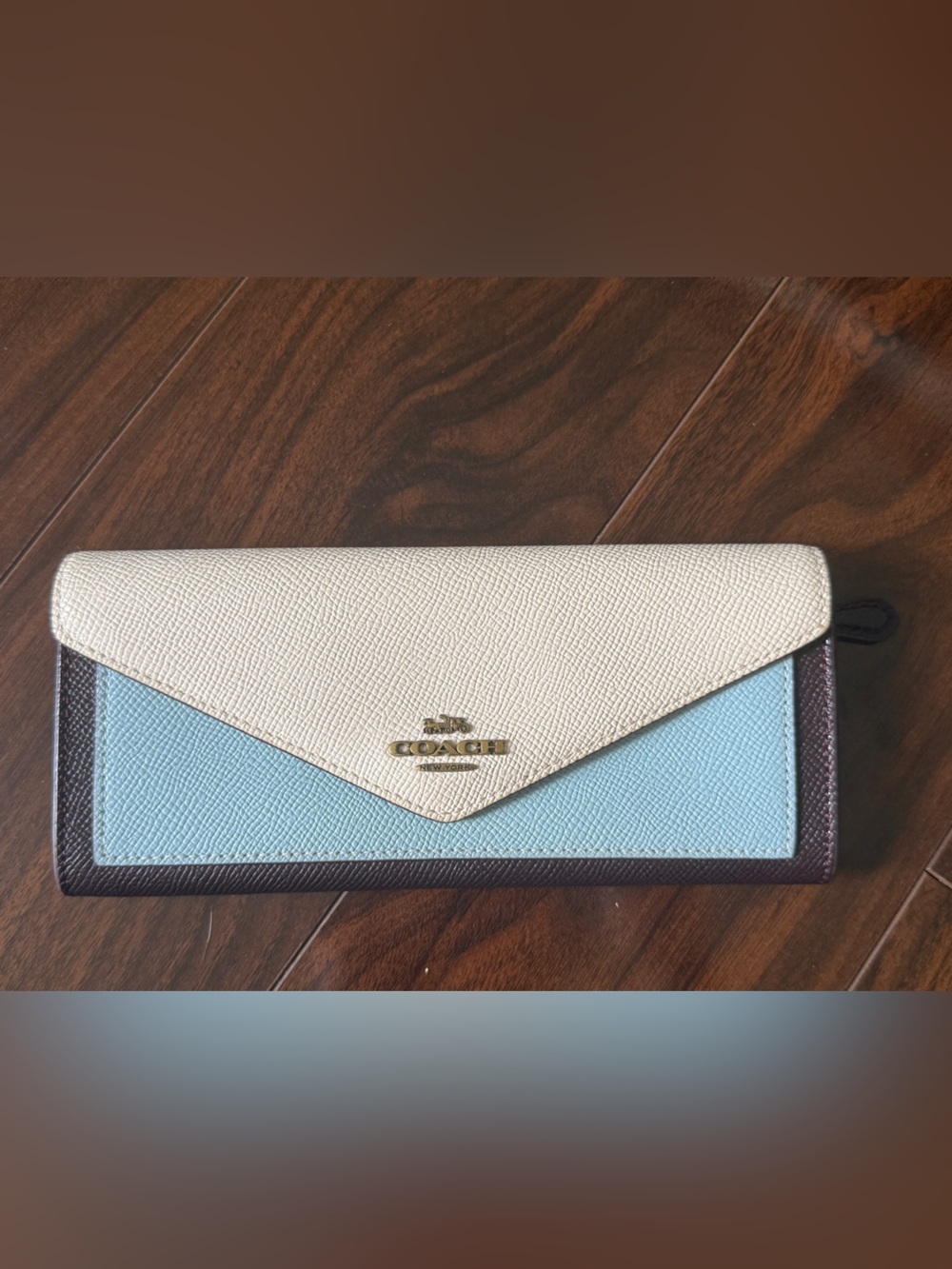 Coach Tri-Color Leather Envelope Wallet in Cream, Light Blue & Dark Brown